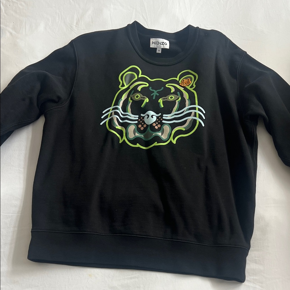 Kenzo Black Sweatshirt with Neon Green and Light Blue Tiger Graphic